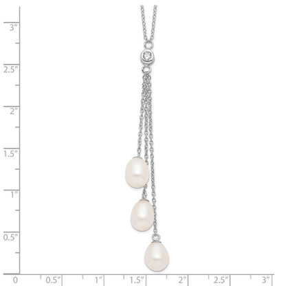 Sterling Silver Rhodium-Plated 7-8mm White Fwc Pearl Cz Drop Necklace