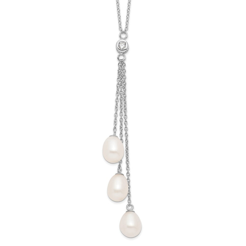 Sterling Silver Rhodium-Plated 7-8mm White Fwc Pearl Cz Drop Necklace