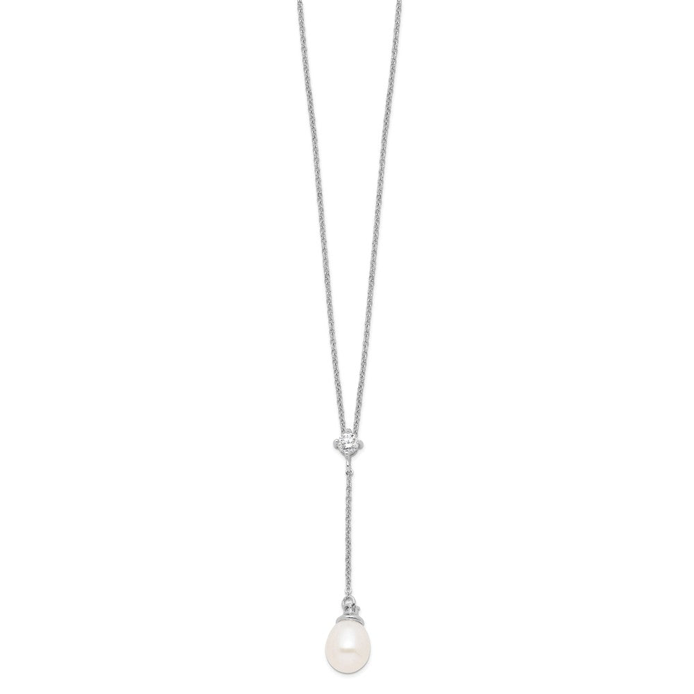 Sterling Silver Rhodium-Plated 8-9mm White Fwc Pearl Cz Drop Necklace