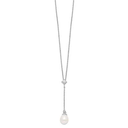Sterling Silver Rhodium-Plated 8-9mm White Fwc Pearl Cz Drop Necklace