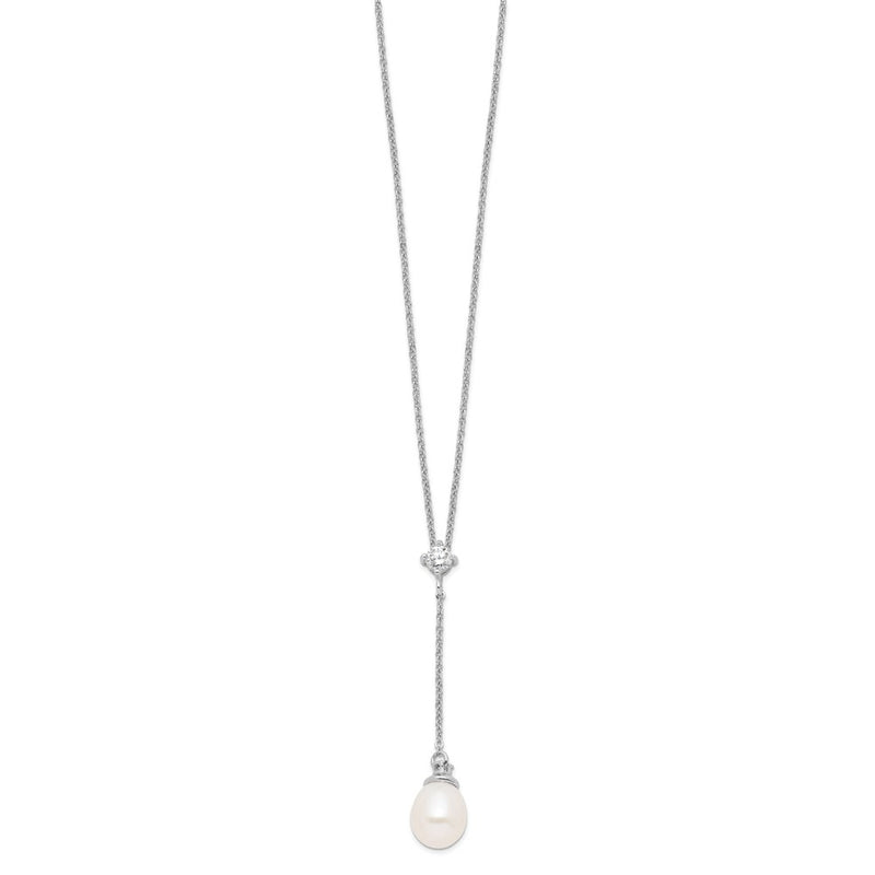 Sterling Silver Rhodium-Plated 8-9mm White Fwc Pearl Cz Drop Necklace