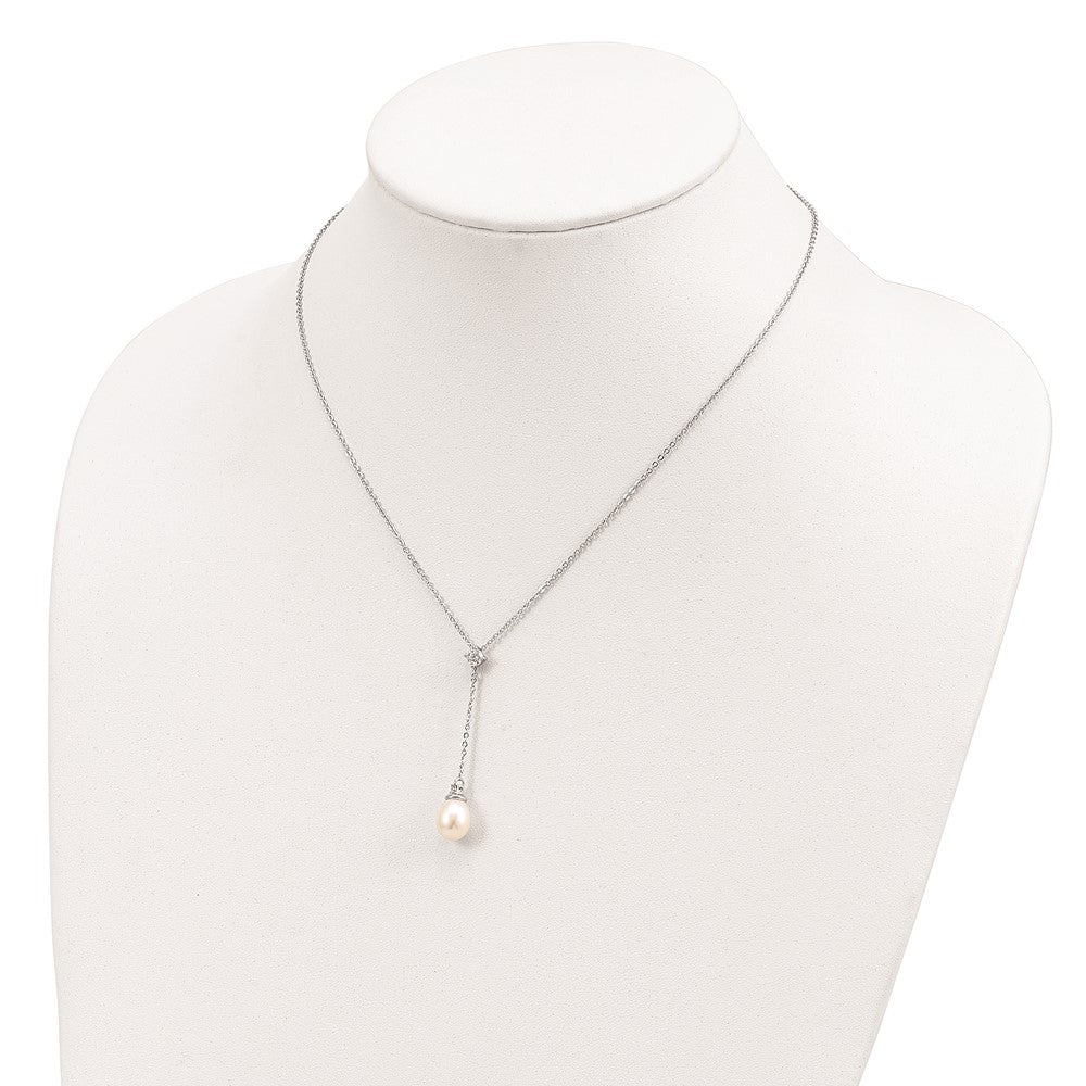 Sterling Silver Rhodium-Plated 8-9mm White Fwc Pearl Cz Drop Necklace