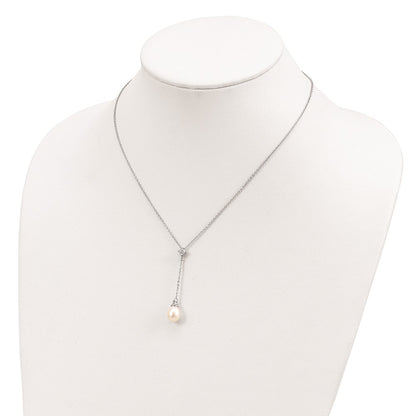 Sterling Silver Rhodium-Plated 8-9mm White Fwc Pearl Cz Drop Necklace