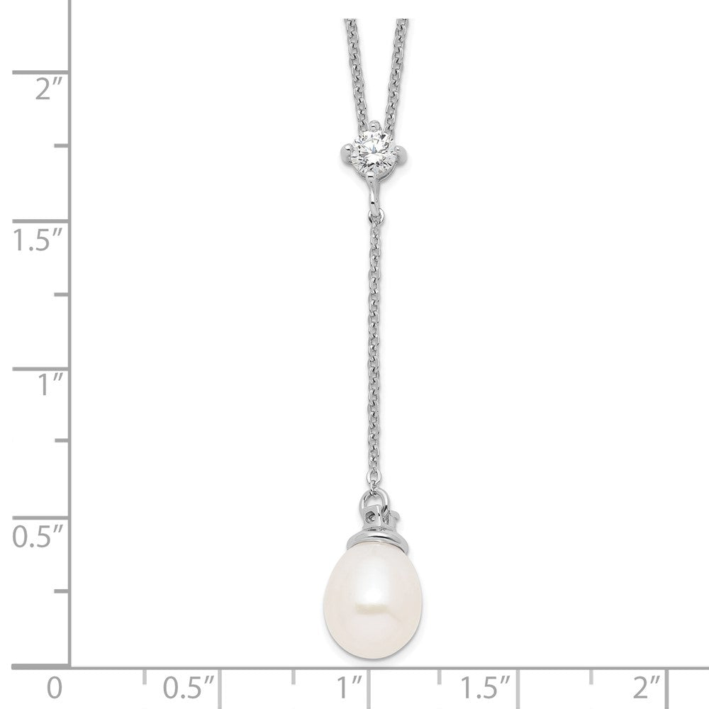 Sterling Silver Rhodium-Plated 8-9mm White Fwc Pearl Cz Drop Necklace