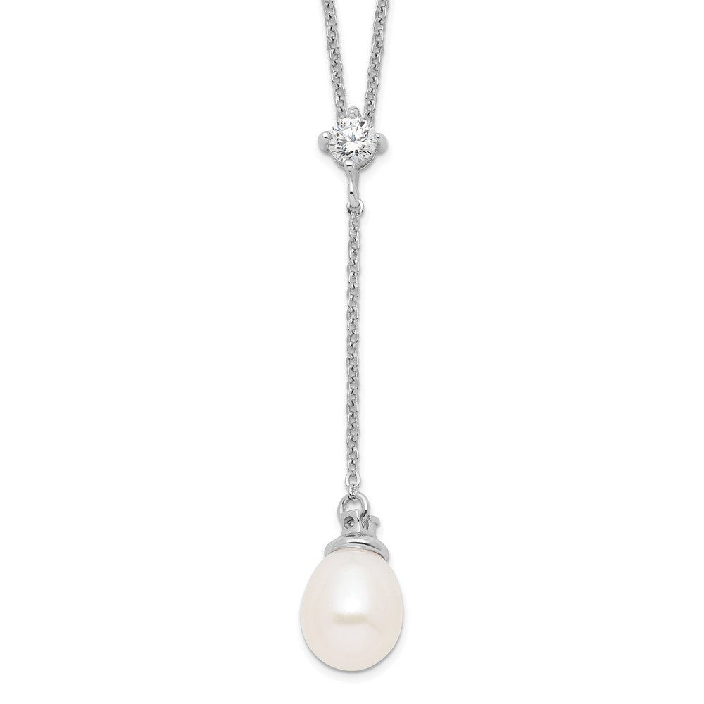 Sterling Silver Rhodium-Plated 8-9mm White Fwc Pearl Cz Drop Necklace