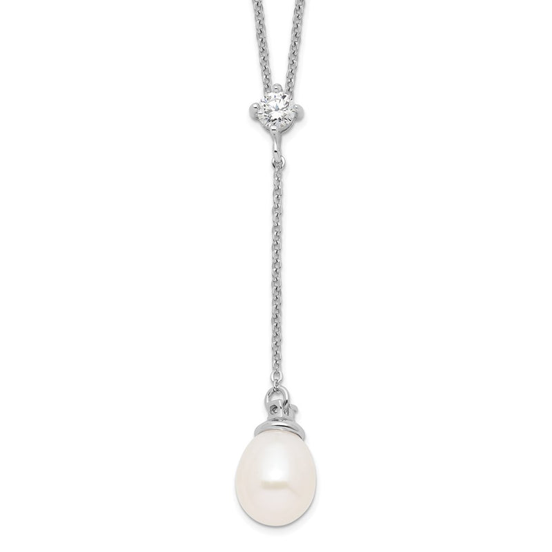 Sterling Silver Rhodium-Plated 8-9mm White Fwc Pearl Cz Drop Necklace