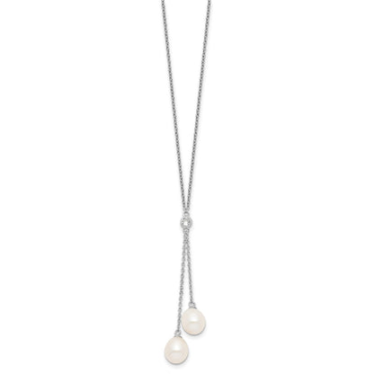 Sterling Silver Rhod-Plated 8-9mm White Rice Fwc Pearl Cz Dangle Necklace