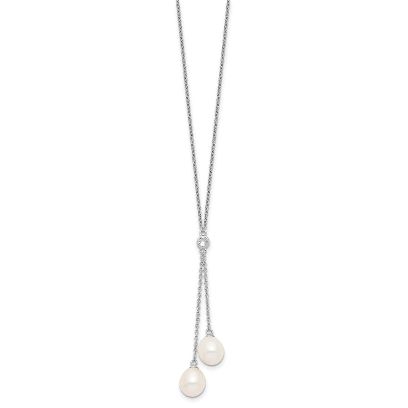 Sterling Silver Rhod-Plated 8-9mm White Rice Fwc Pearl Cz Dangle Necklace