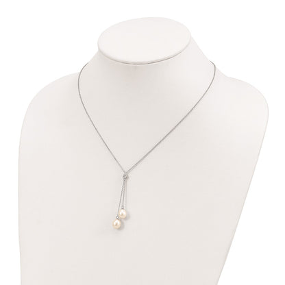 Sterling Silver Rhod-Plated 8-9mm White Rice Fwc Pearl Cz Dangle Necklace