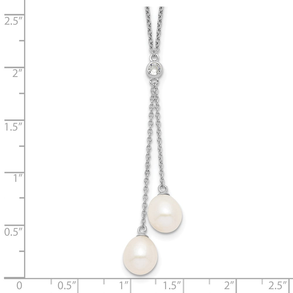 Sterling Silver Rhod-Plated 8-9mm White Rice Fwc Pearl Cz Dangle Necklace
