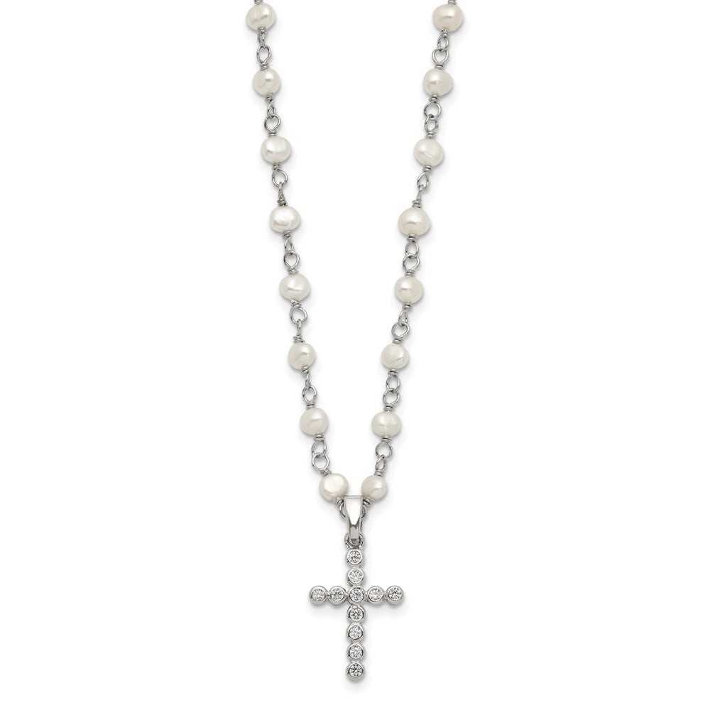 Sterling Silver Rhodium-Plated 4-5mm White Fwc Pearl Cz Cross Necklace