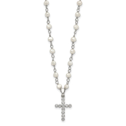 Sterling Silver Rhodium-Plated 4-5mm White Fwc Pearl Cz Cross Necklace