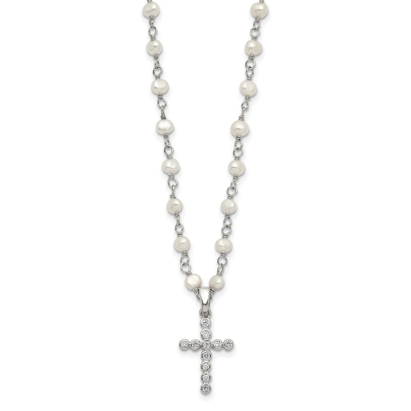 Sterling Silver Rhodium-Plated 4-5mm White Fwc Pearl Cz Cross Necklace