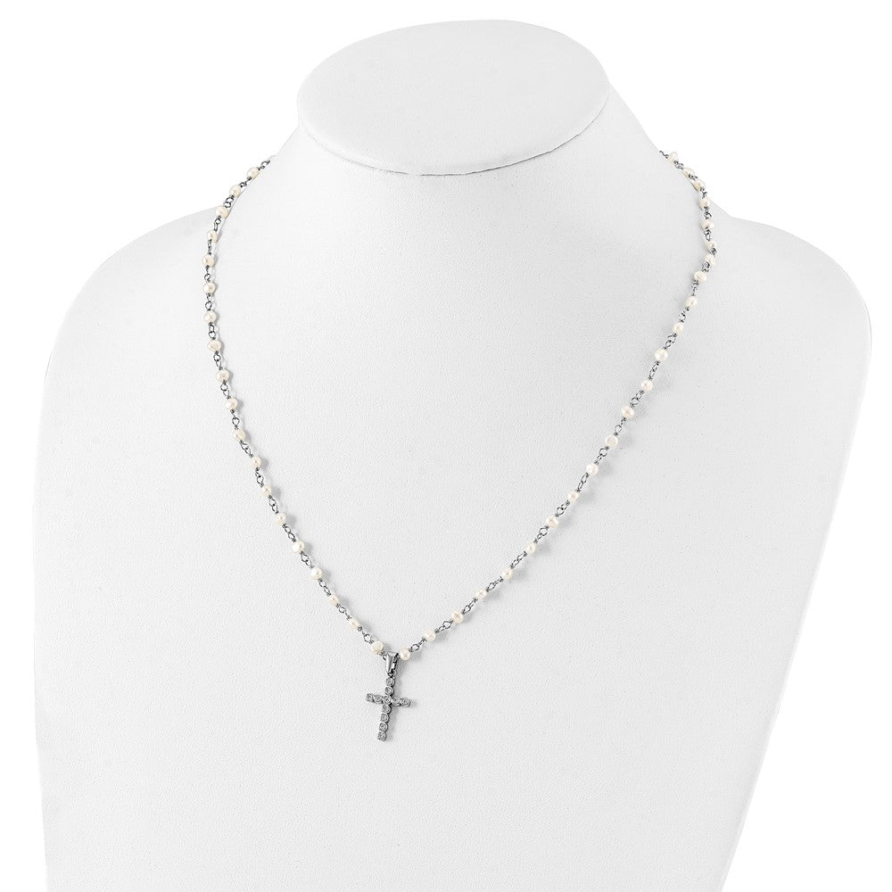 Sterling Silver Rhodium-Plated 4-5mm White Fwc Pearl Cz Cross Necklace