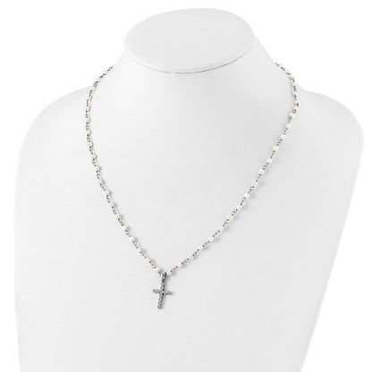 Sterling Silver Rhodium-Plated 4-5mm White Fwc Pearl Cz Cross Necklace