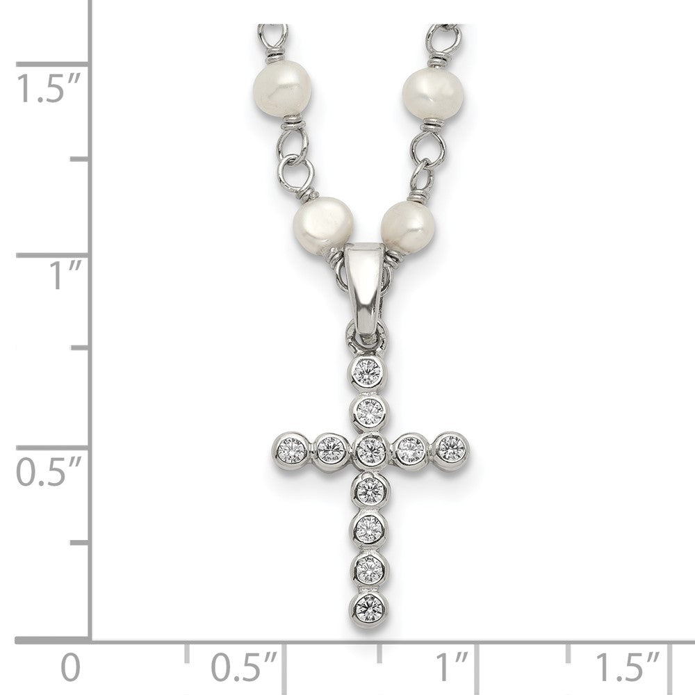 Sterling Silver Rhodium-Plated 4-5mm White Fwc Pearl Cz Cross Necklace