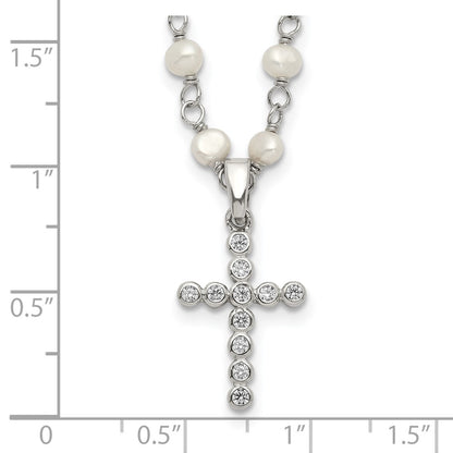 Sterling Silver Rhodium-Plated 4-5mm White Fwc Pearl Cz Cross Necklace