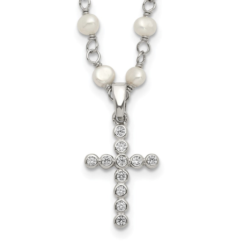 Sterling Silver Rhodium-Plated 4-5mm White Fwc Pearl Cz Cross Necklace