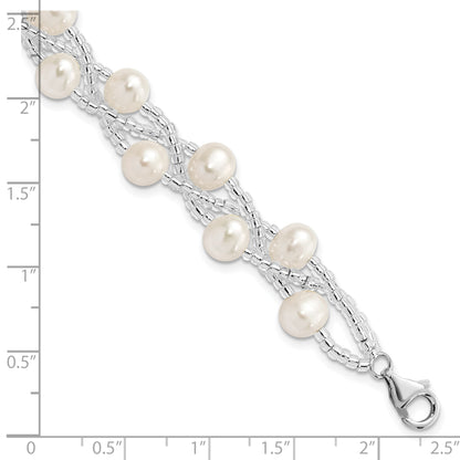 7.5 Inch Sterling Silver Rhodium 7-9mm Fwc Pearl & Glass Beaded Multi-Strnd Bracelet