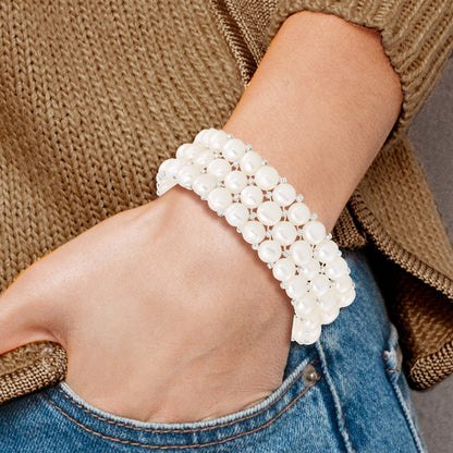 Fashion 6-7mm White Button Freshwater Cultured Pearl And Glass Beaded 3-Row Stretch Bracelet