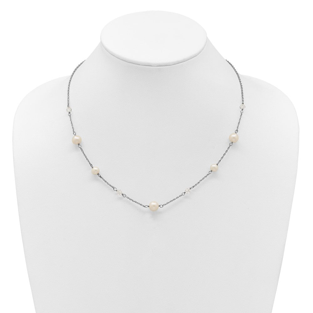 Sterling Silver Rh 6-10mm Wt Fwc Pearl Glass 5 Stat 2.5In Ext Necklace