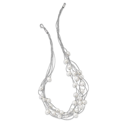 Sterling Silver Rh 8-10mm White Fwc Pearl Multi-Strand Necklace