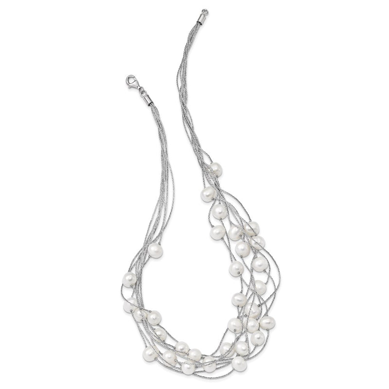 Sterling Silver Rh 8-10mm White Fwc Pearl Multi-Strand Necklace