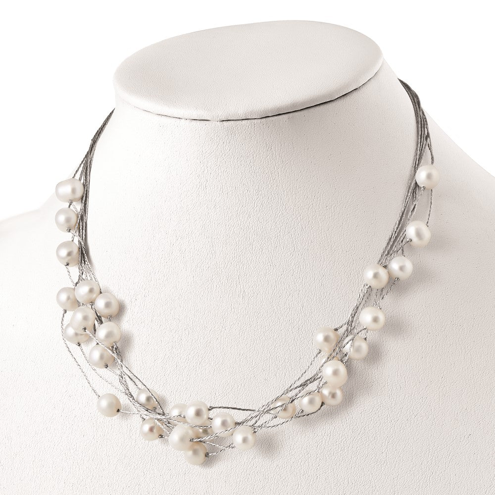 Sterling Silver Rh 8-10mm White Fwc Pearl Multi-Strand Necklace