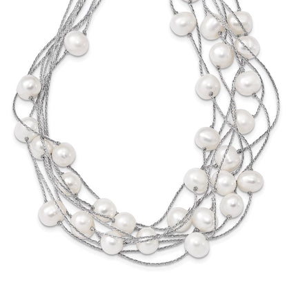 Sterling Silver Rh 8-10mm White Fwc Pearl Multi-Strand Necklace
