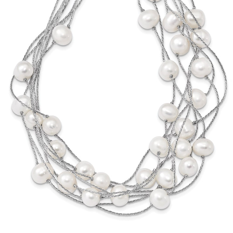 Sterling Silver Rh 8-10mm White Fwc Pearl Multi-Strand Necklace