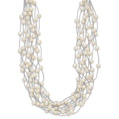 Sterling Silver Rh 6-8mm White Fwc Pearl Multi-Strand Necklace