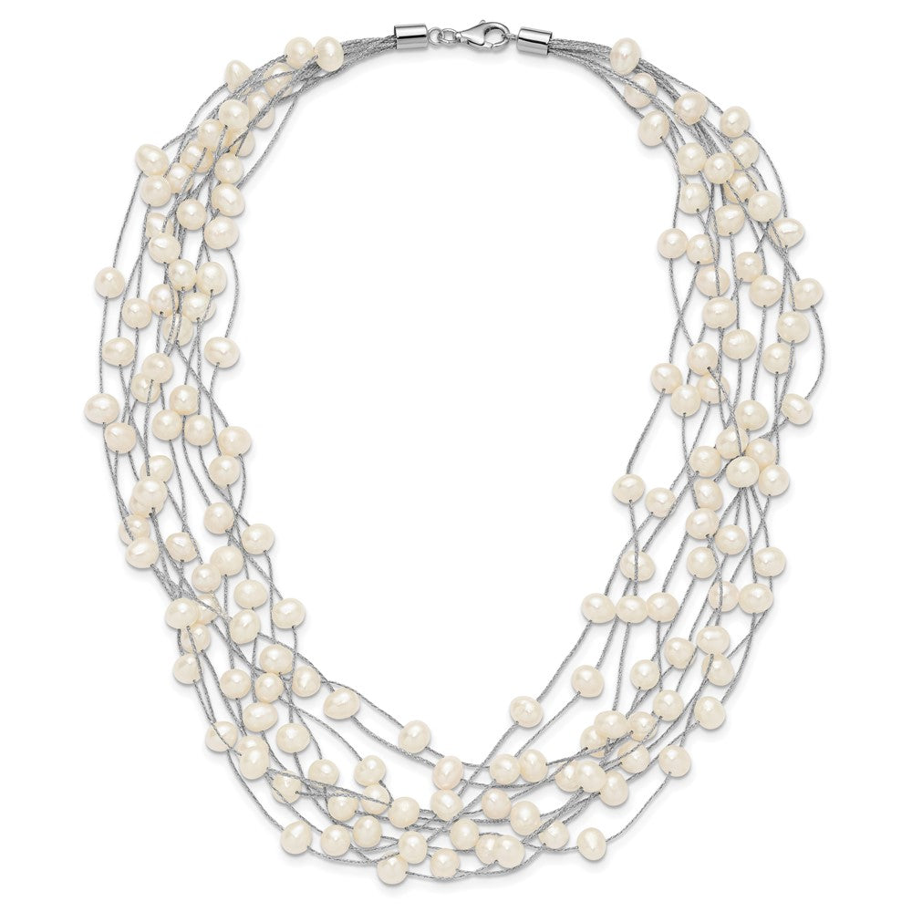 Sterling Silver Rh 6-8mm White Fwc Pearl Multi-Strand Necklace