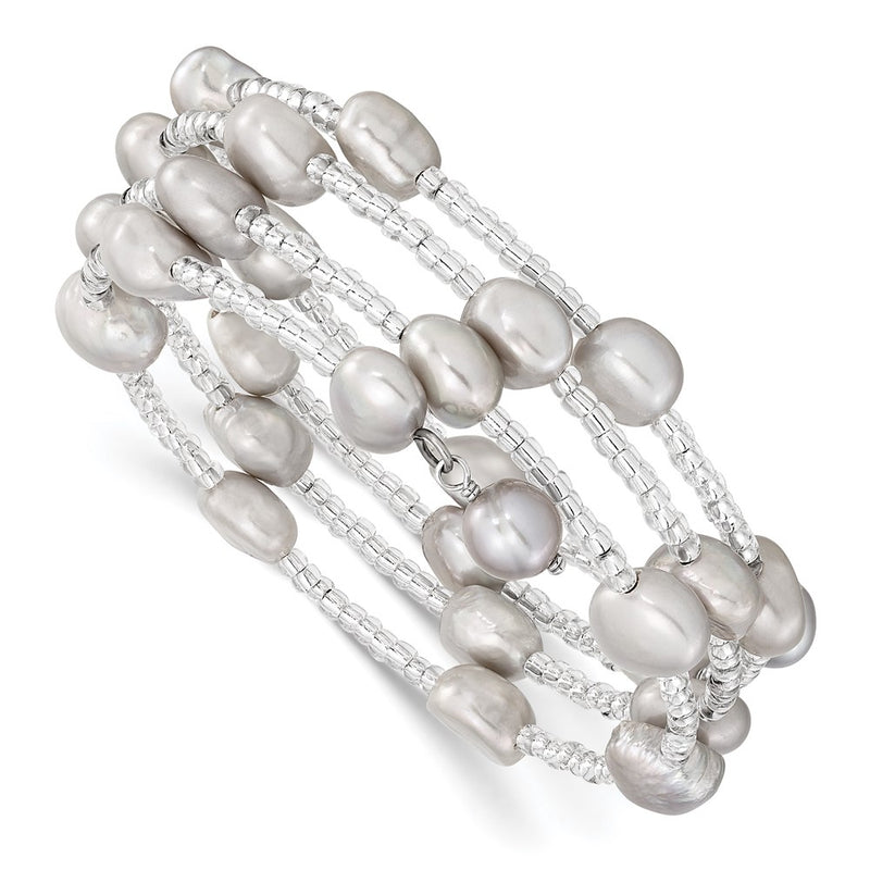Fashion 8-9mm Grey Baroque Freshwater Cultured Pearl And Glass Beaded Wrap Bracelet