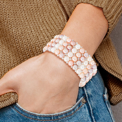 7 Inch 6-7mm White/Pink/Purple Button Freshwater Cultured Pearl And Glass Beaded 4-Row Stretch Bracelet