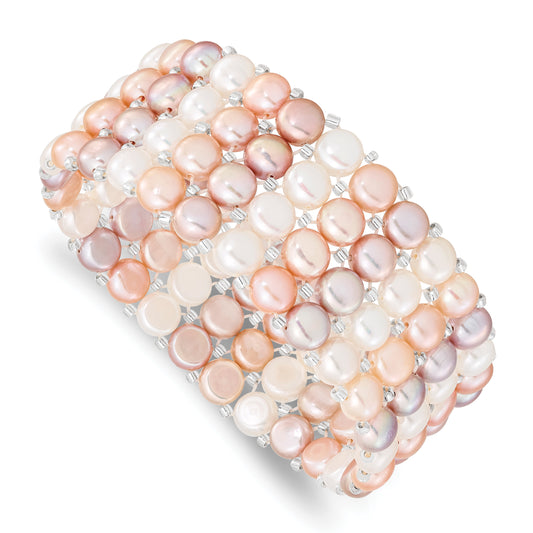 7 Inch 6-7mm White/Pink/Purple Button Freshwater Cultured Pearl And Glass Beaded 4-Row Stretch Bracelet