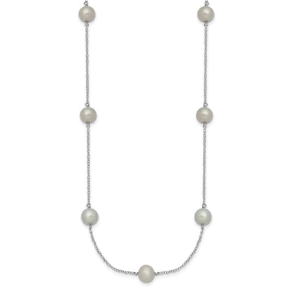 Sterling Silver Rh 7-8mm Grey Fwc Pearl 9 Station Necklace