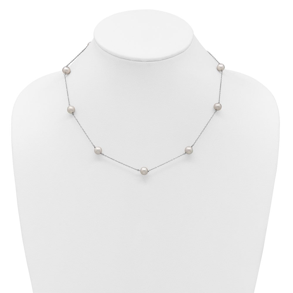 Sterling Silver Rh 7-8mm Grey Fwc Pearl 9 Station Necklace