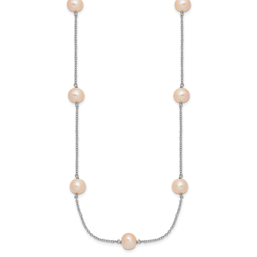 Sterling Silver Rh 7-8mm Pink Round Fwc Pearl 9 Station Necklace