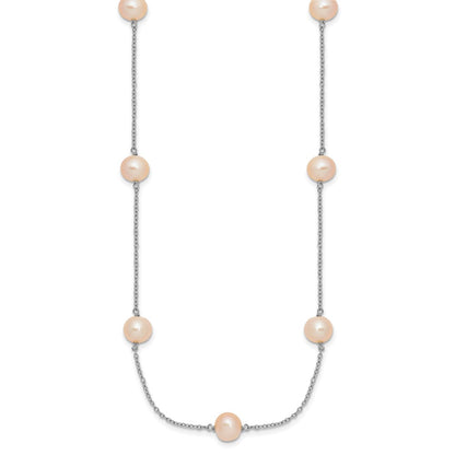 Sterling Silver Rh 7-8mm Pink Round Fwc Pearl 9 Station Necklace
