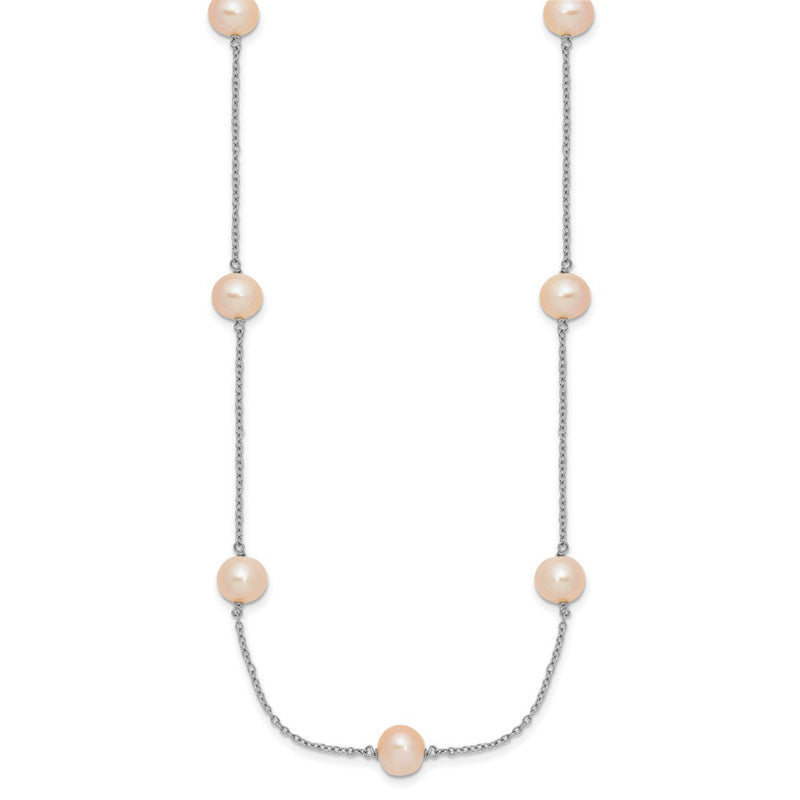 Sterling Silver Rh 7-8mm Pink Round Fwc Pearl 9 Station Necklace