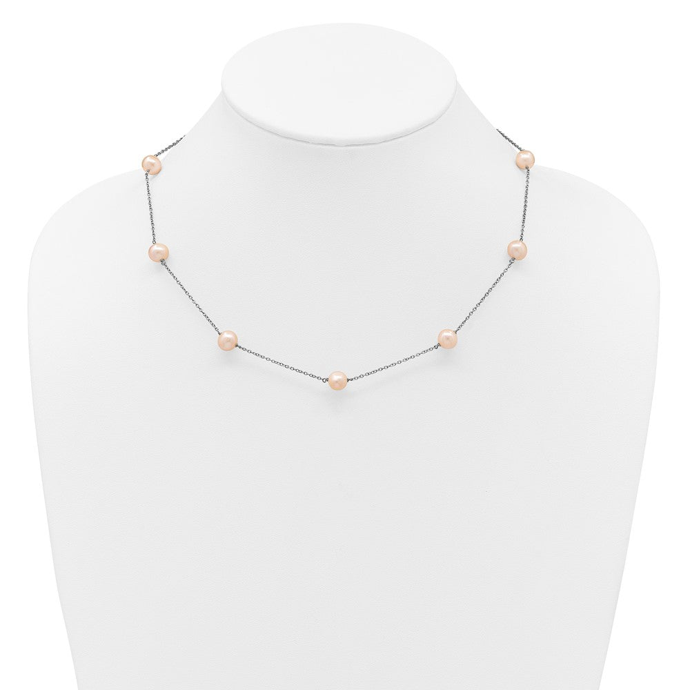 Sterling Silver Rh 7-8mm Pink Round Fwc Pearl 9 Station Necklace