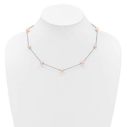 Sterling Silver Rh 7-8mm Pink Round Fwc Pearl 9 Station Necklace