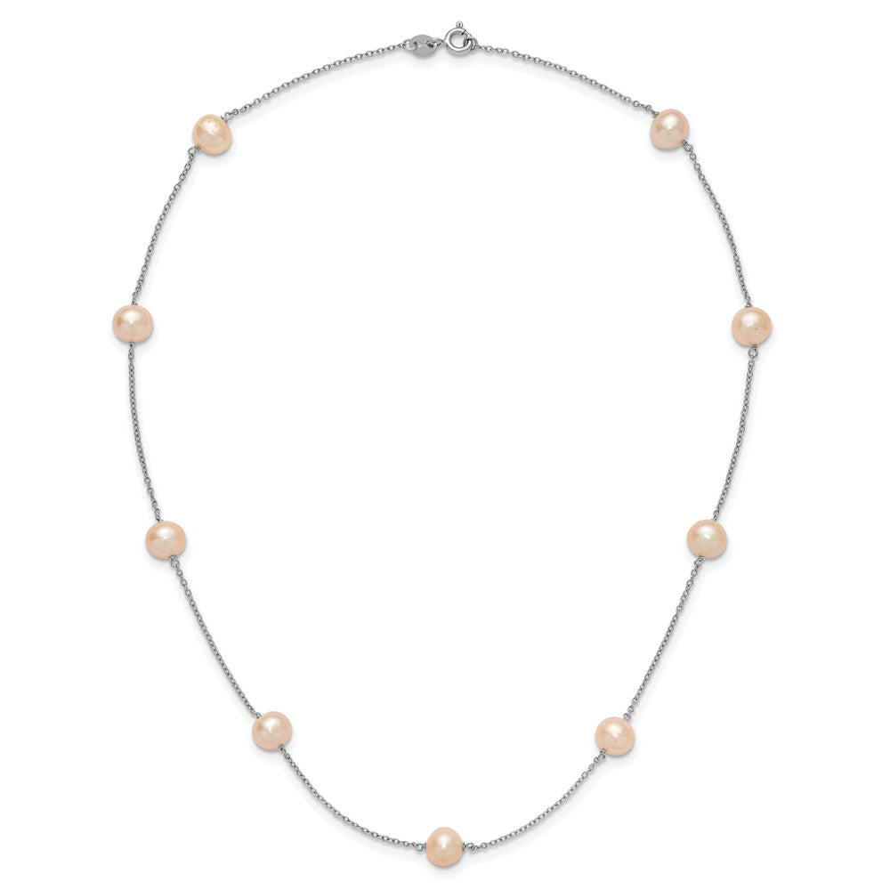 Sterling Silver Rh 7-8mm Pink Round Fwc Pearl 9 Station Necklace