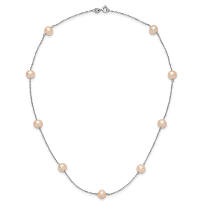 Sterling Silver Rh 7-8mm Pink Round Fwc Pearl 9 Station Necklace