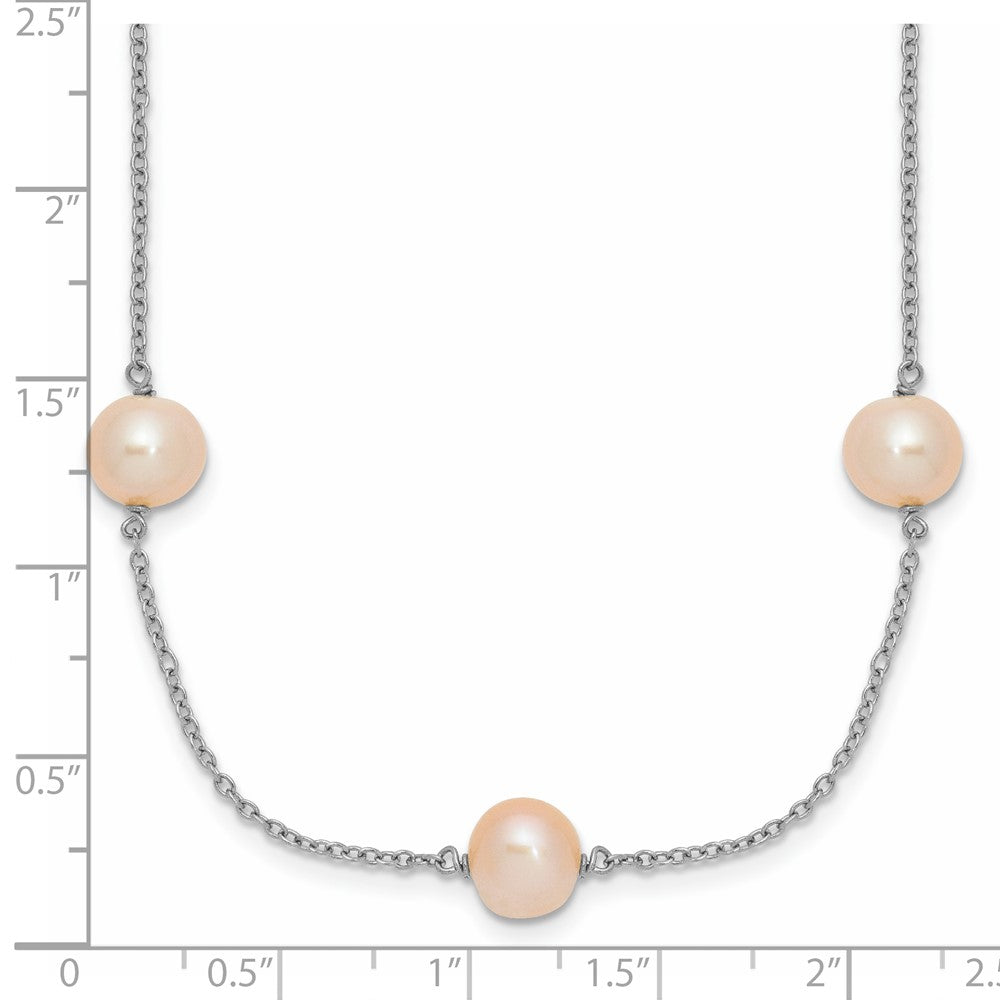 Sterling Silver Rh 7-8mm Pink Round Fwc Pearl 9 Station Necklace