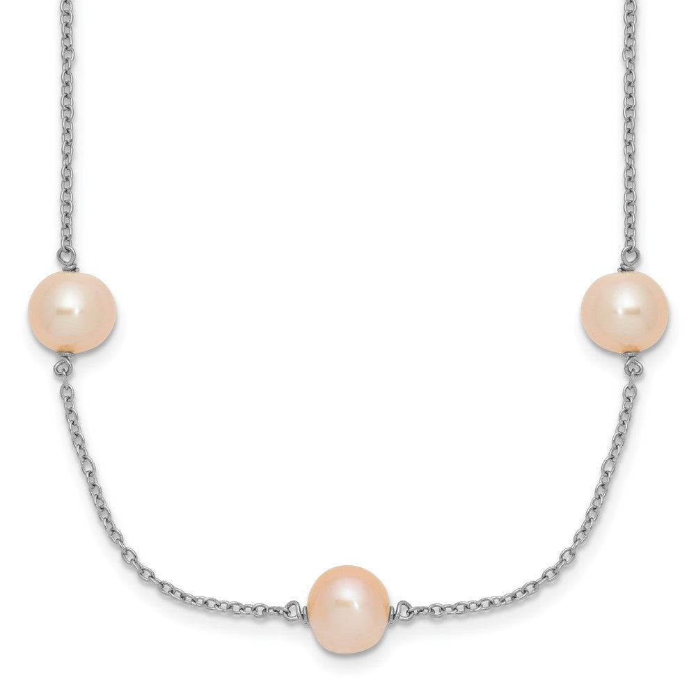 Sterling Silver Rh 7-8mm Pink Round Fwc Pearl 9 Station Necklace