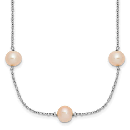 Sterling Silver Rh 7-8mm Pink Round Fwc Pearl 9 Station Necklace
