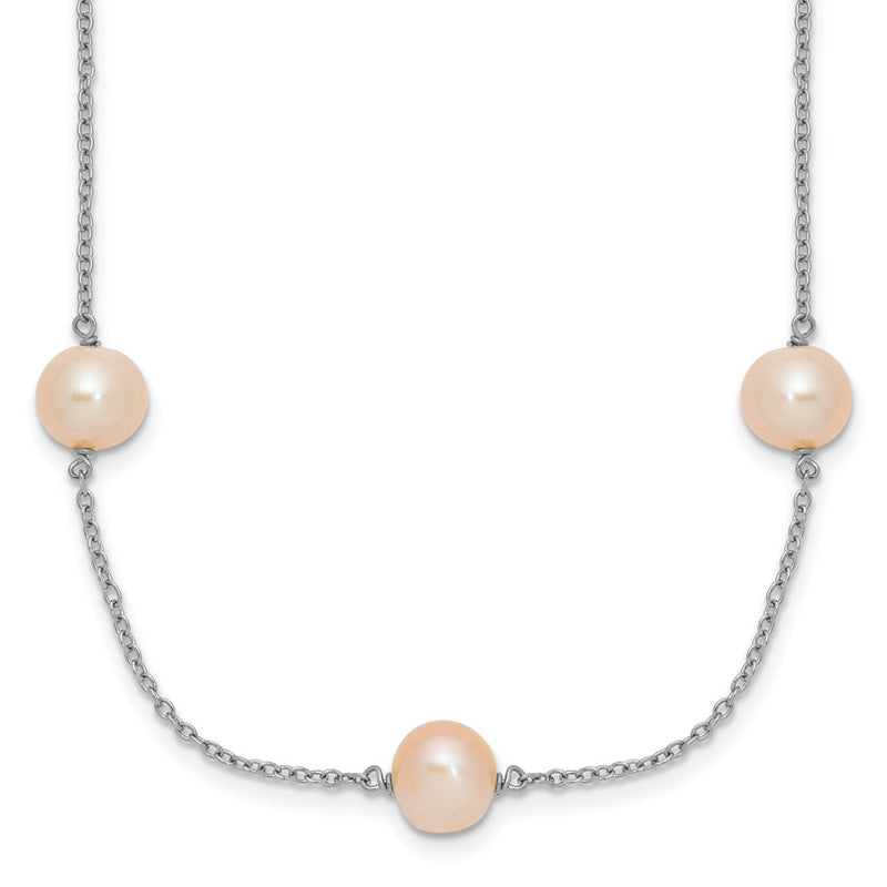 Sterling Silver Rh 7-8mm Pink Round Fwc Pearl 9 Station Necklace