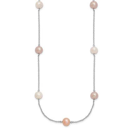 Sterling Silver Rh 7-8mm Multi-Color Fwc Pearl 9 Station Necklace