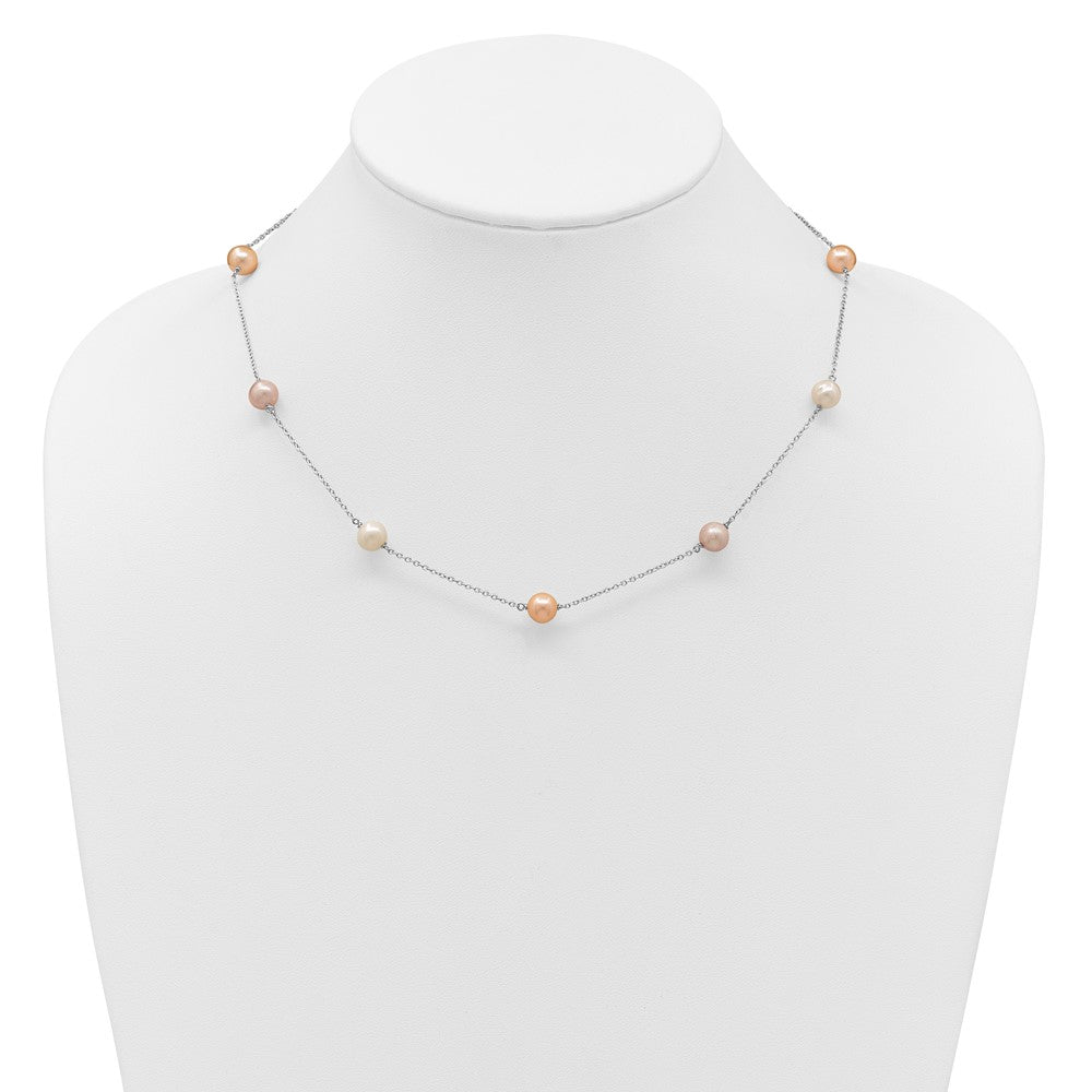 Sterling Silver Rh 7-8mm Multi-Color Fwc Pearl 9 Station Necklace